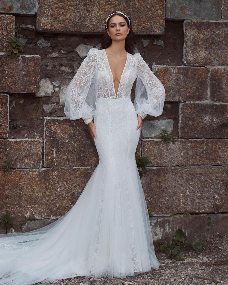 124124 long sleeve beaded wedding dress with plunging neckline and open back 3